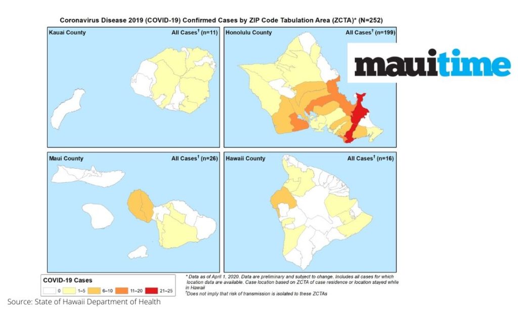 Coronavirus cases by Zip Code for the State of Hawaii