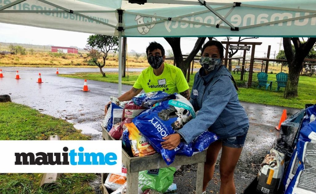 Maui Humane Society volunteers and staff distributed over 2,600 lbs of dog food and supplies to Maui community members